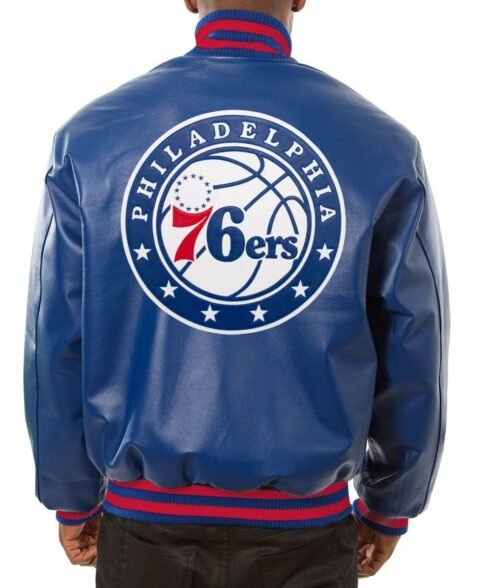 Varsity Philadelphia 76ers Royal Blue Leather Jacket - Image 2