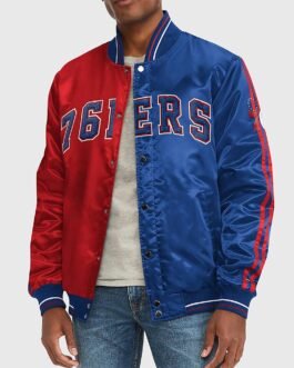 Varsity Philadelphia 76ers Blue and Red Satin Jacket