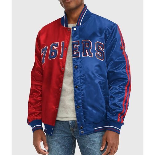 Varsity Philadelphia 76ers Blue and Red Satin Jacket
