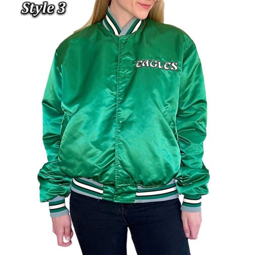 90’s Philadelphia Eagles Green Satin Bomber Jacket - Image 3