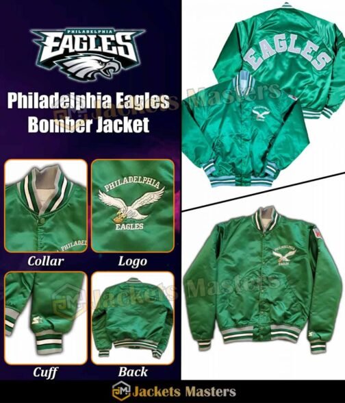 90’s Philadelphia Eagles Green Satin Bomber Jacket - Image 15