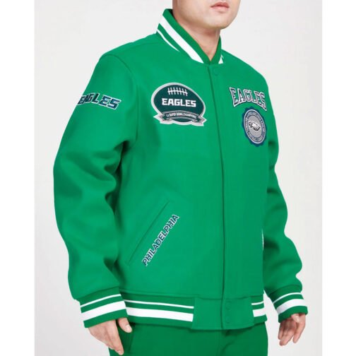 Philadelphia Eagles Crest Emblem Kelly Green Varsity Wool Jacket - Image 3