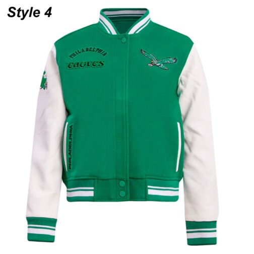 Cream/Green Philadelphia Eagles Retro Classic Varsity Jacket - Image 4