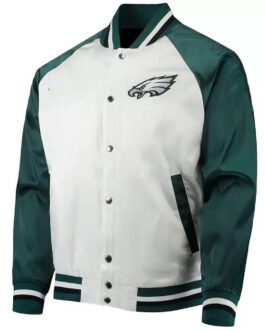 White/Green Philadelphia Eagles Varsity Satin Jacket