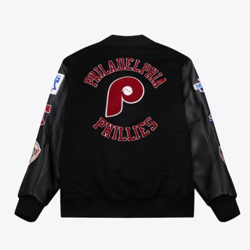 Philadelphia Phillies Black Out Vintage Logo Varsity Jacket - Image 2
