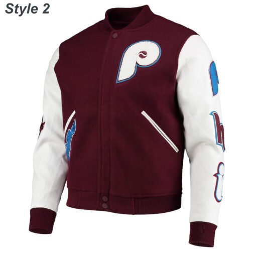 Philadelphia Phillies Letterman Burgundy and White Jacket - Image 2