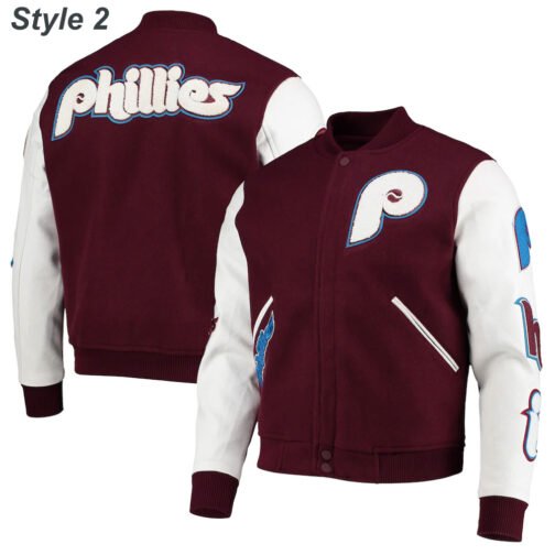 Philadelphia Phillies Letterman Burgundy and White Jacket - Image 7