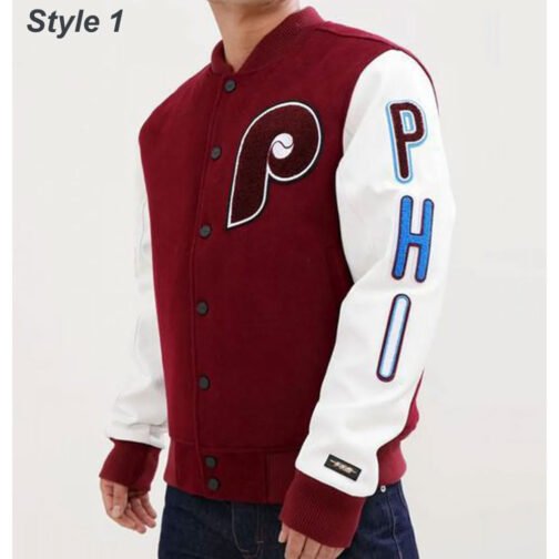 Philadelphia Phillies Letterman Burgundy and White Jacket - Image 5