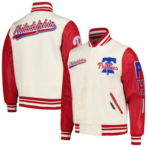 Script Tail Philadelphia Phillies Cream and Red Varsity Jacket - Image 3