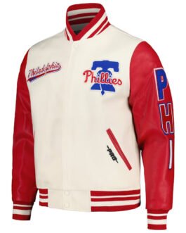 Script Tail Philadelphia Phillies Cream and Red Varsity Jacket