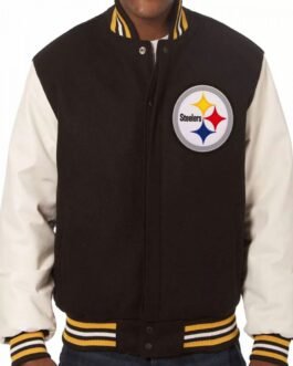 Varsity Pittsburgh Steelers White and Black Wool/Leather Jacket