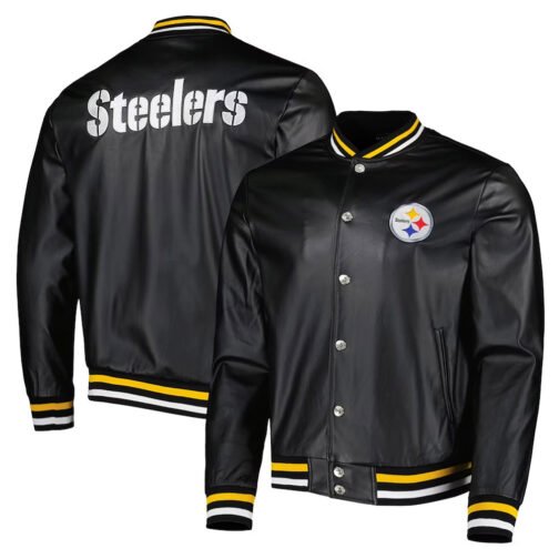 Black Pittsburgh Steelers Metallic Full-Snap Leather Jacket - Image 3