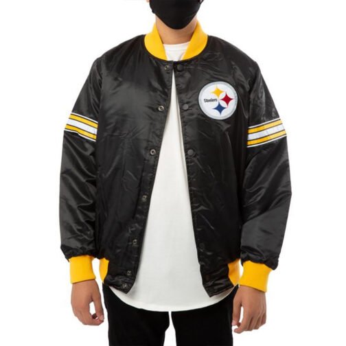 Pittsburgh Steelers Striped Black Varsity Satin Jacket - Image 3