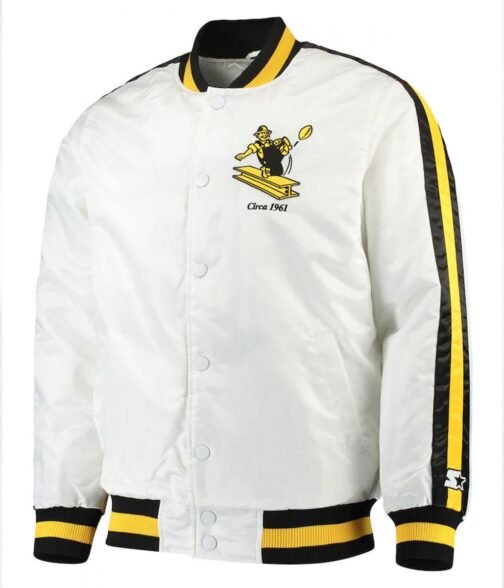 Pittsburgh Steelers Throwback D-Line White Varsity Satin Jacket