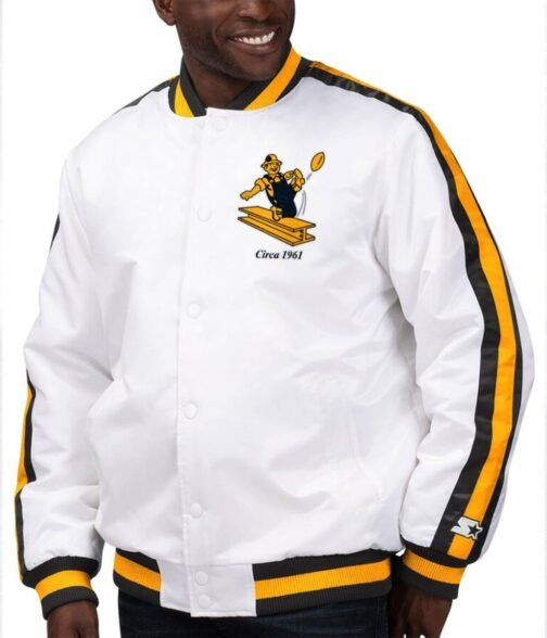 Pittsburgh Steelers Throwback D-Line White Varsity Satin Jacket - Image 3