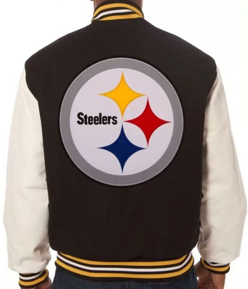 Varsity Pittsburgh Steelers White and Black Wool/Leather Jacket - Image 2