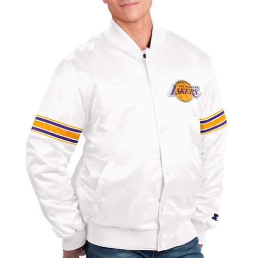 LA Lakers Forward Power White/Yellow/Purplr Satin Jacket - Image 3