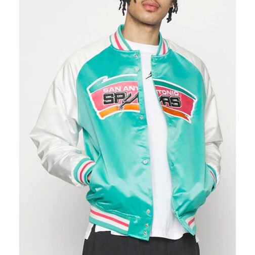 Prime Time Aqua/White San Antonio Spurs Varsity Satin Jacket - Image 4