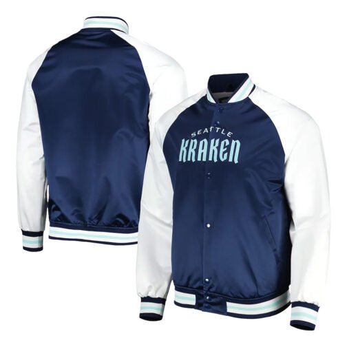 Primetime Seattle Kraken Blue/White Varsity Satin Jacket - Image 3