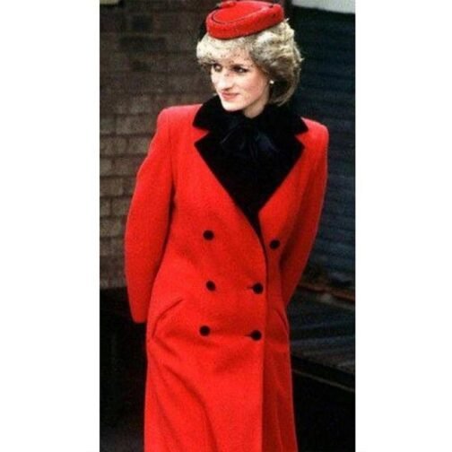 Princess of Wales Diana Red Wool Trench Coat - Image 6