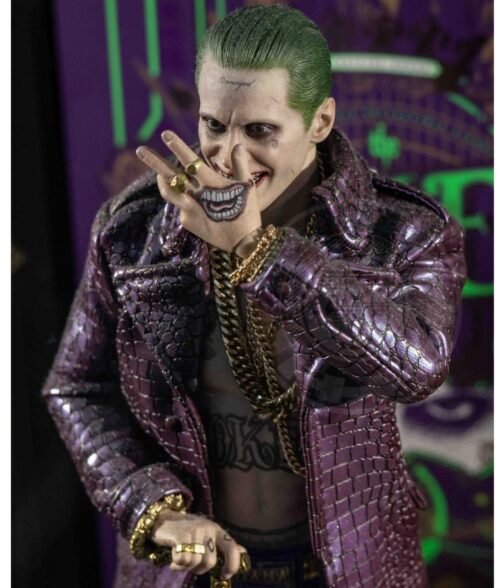 Joker Suicide Squad Purple Leather Trench Coat - Image 8