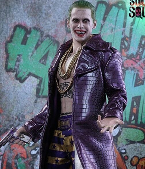 Joker Suicide Squad Purple Leather Trench Coat - Image 7