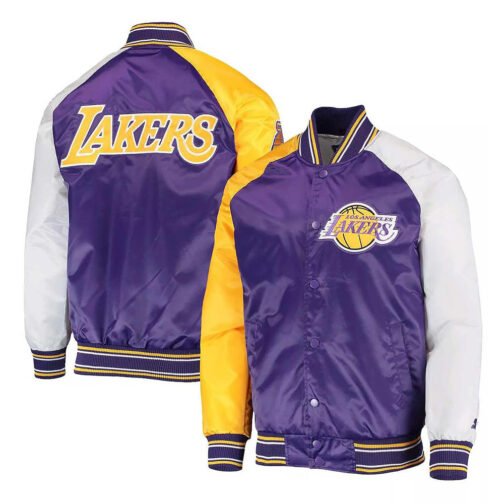 LA Lakers Purple, Yellow and White Reliever Varsity Satin Jacket - Image 3