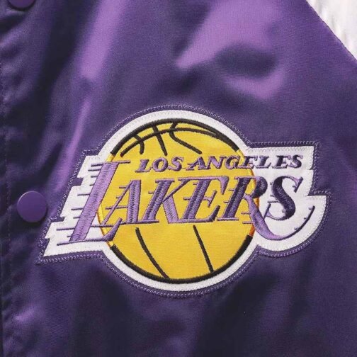 LA Lakers Purple, Yellow and White Reliever Varsity Satin Jacket - Image 4