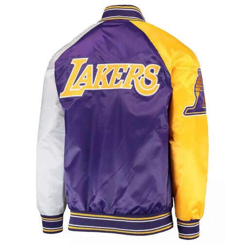 LA Lakers Purple, Yellow and White Reliever Varsity Satin Jacket - Image 2