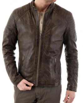 Men’s Quilted Shoulder Snap Tab Collar Waxed Brown Leather Biker Jacket