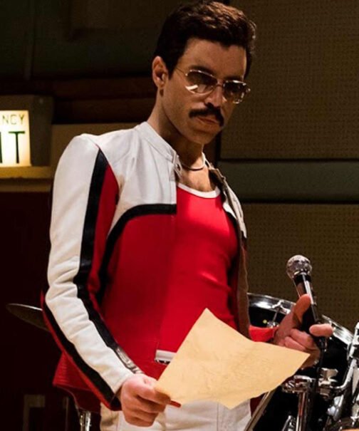 Bohemian Rhapsody Rami Malek Red and White Leather Jacket - Image 4