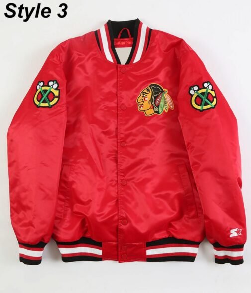 Chicago Blackhawks Red and Black Satin Varsity Jacket - Image 3