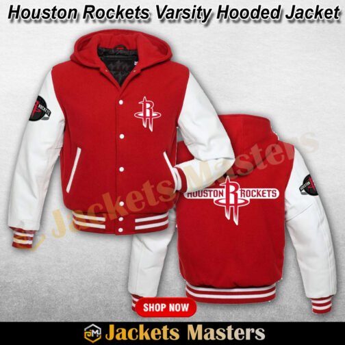 Houston Rockets NBA Varsity Red and White Hooded Jacket - Image 3