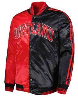 Fast Break Portland Trail Blazers Red and Black Satin Jacket