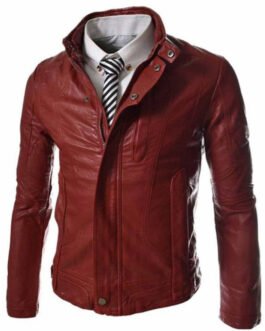 Men’s Casual Slim Fit Snap Tab Collar Red Faux Leather Jacket
