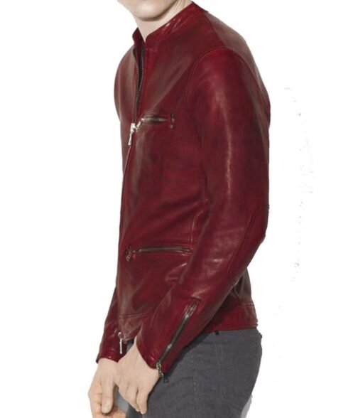 Men’s Casual Red Burnished Dual Zipper Jacket - Image 4