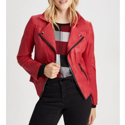 Women’s Vex Zipper Trim Red Leather Jacket - Image 3