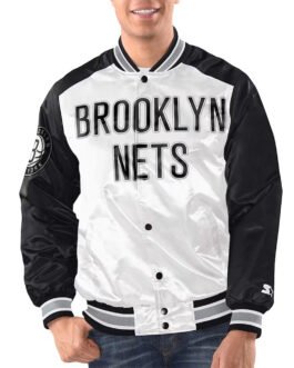 White/Black Brooklyn Nets Renegade Varsity Satin Jacket