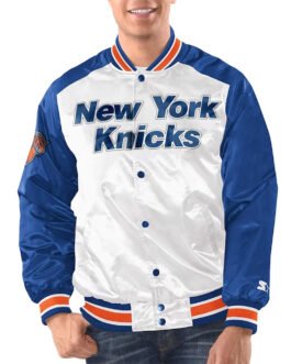 White/Blue New York Knicks Renegade Varsity Satin Jacket