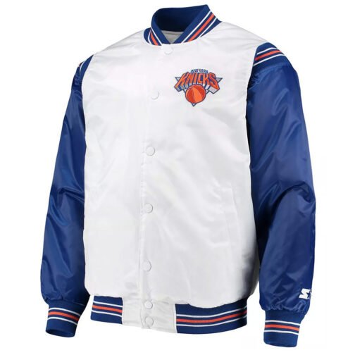 New York Knicks Renegade White/Blue Varsity Satin Jacket