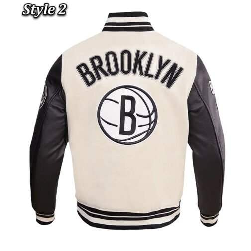 Brooklyn Nets Retro Classic Cream Varsity Jacket - Image 5