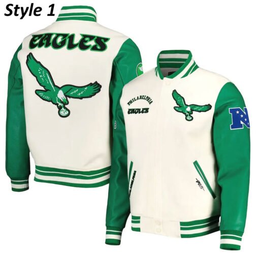 Cream/Green Philadelphia Eagles Retro Classic Varsity Jacket - Image 11