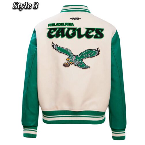 Cream/Green Philadelphia Eagles Retro Classic Varsity Jacket - Image 7