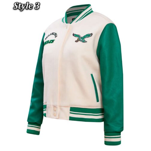 Cream/Green Philadelphia Eagles Retro Classic Varsity Jacket - Image 3