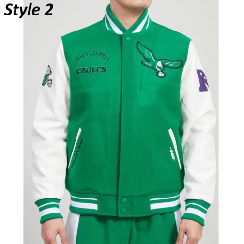 Cream/Green Philadelphia Eagles Retro Classic Varsity Jacket - Image 2