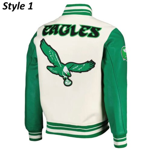 Cream/Green Philadelphia Eagles Retro Classic Varsity Jacket - Image 5