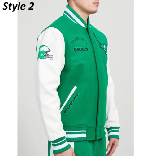 Cream/Green Philadelphia Eagles Retro Classic Varsity Jacket - Image 9