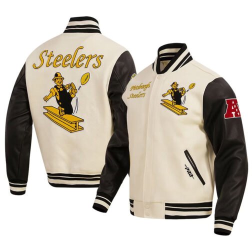 Pittsburgh Steelers Retro Classic Varsity Cream and Black Jacket - Image 3