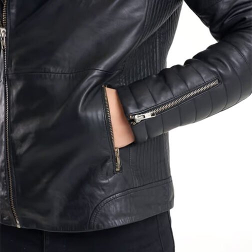 Ribbed Sleeve Real Leather Jacket - Image 3