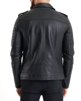 Ribbed Sleeve Real Leather Jacket